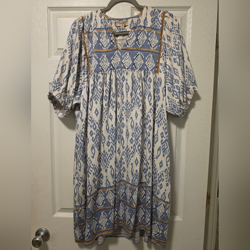 G.O.D. Blue & White Printed Midi Dress with Contrast Trim